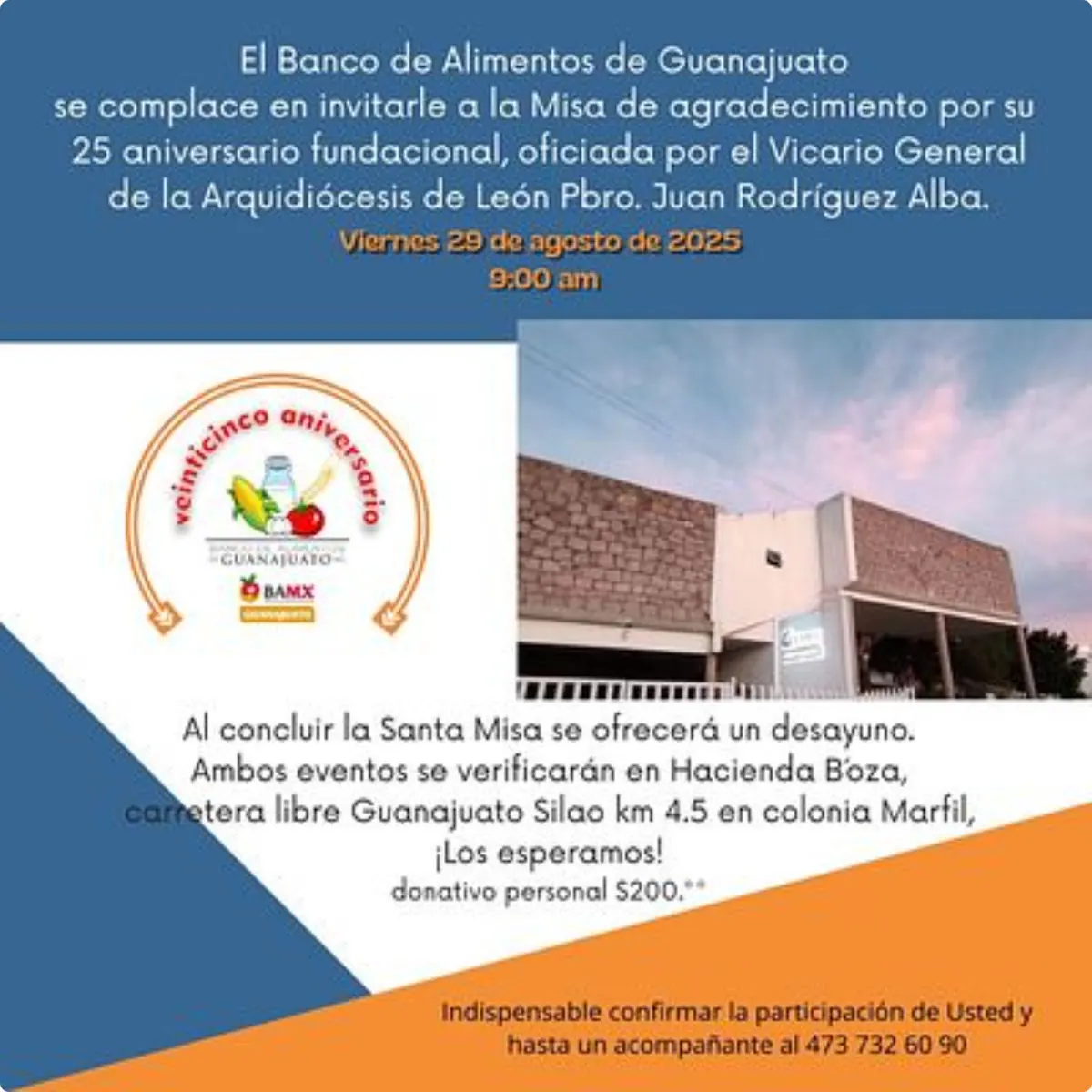 Invitación a la misa y desayuno por el 25 aniversario
